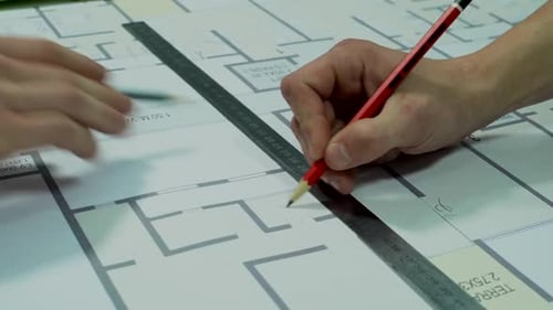 Ingenieure, die die Gebäudekonstruktion planen — Architekturzeichnung