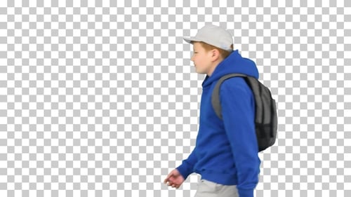 Schoolboy with backpack walking by, Alpha Channel
