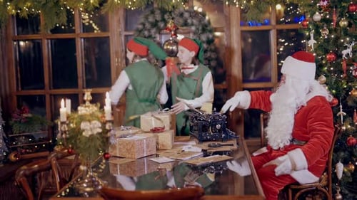 Santa and Elves Dancing in Decorated Christmas Setting