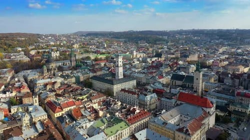 Aerial Drone Video of Lviv Old City Center - Roofs and Streets, City Hall Ratusha