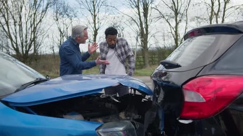 Men Arguing Near Damaged Cars After Collision