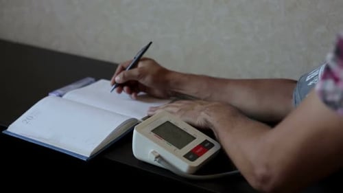 Man Records Blood Pressure Reading in Journal
