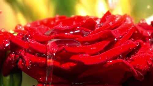 Regentropfen fallen auf rote Rose. Zeitlupe