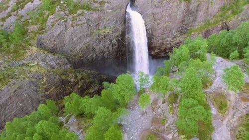 Breathtaking Aerial View on the Huge Waterfall and the Valley Around It. Bird View. Norway