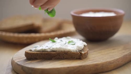 Preparing Sandwich with Cheese and Herbs Close Up