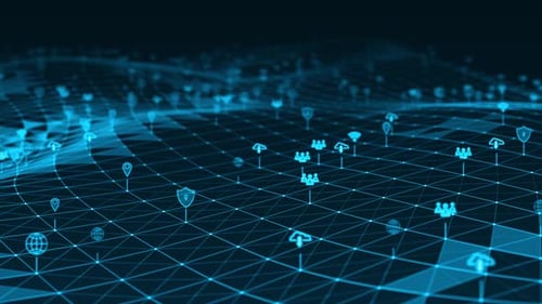 Abstract Digital Network Animation with Technology Icons and Data Points