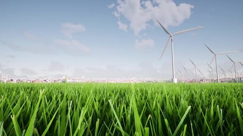 Generadores de viento, energía, planta eléctrica, energía sostenible, césped verde ecológico, paisaje