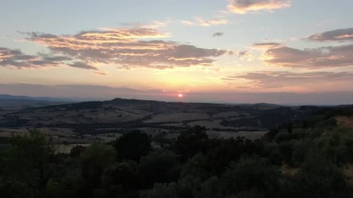 Fields in Tuscany at sunset, Italy, Europe (aerial view)