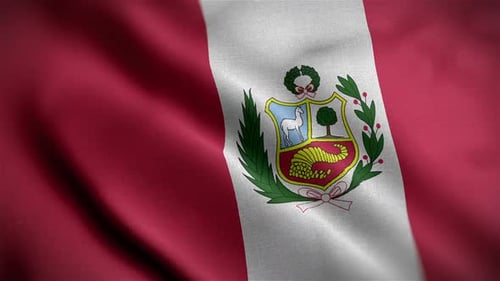 Waving Peruvian Flag with National Emblem Realistic Fabric Loop