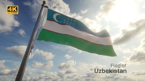 Uzbekistan Flag Waving on Pole Against Sunny Sky