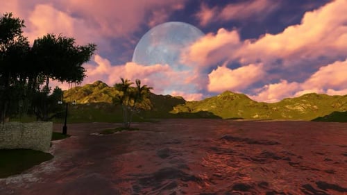 Panorama of full moon and red clouds at night