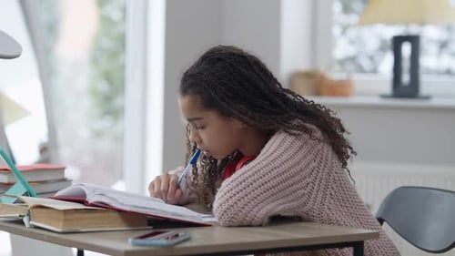 Girl Studying at Desk with Books and Notebook