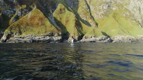 Man Paddleboarding on Water near Scenic Coastline