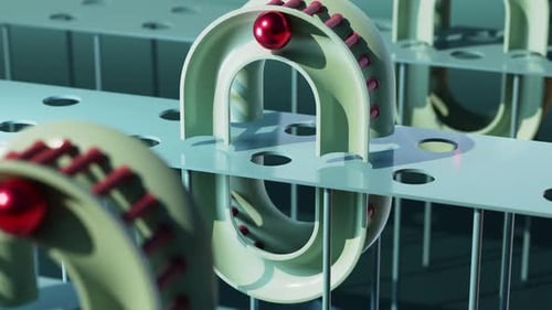 Red Balls Moving on Futuristic Factory Machinery