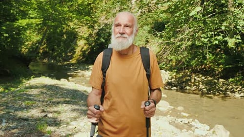 Senior Man Hiking with Backpack in Green Forest