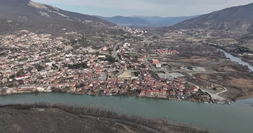 Aerial view of Orthodox Svetitskhoveli Cathedral in Mtskheta, Georgia