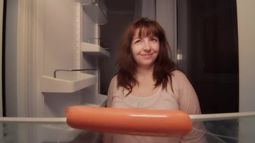 Woman Takes Sausage from Empty Fridge at Night