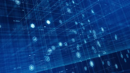 Blue technology icon with hexagon shape levitation on digital grid abstract background concept