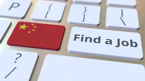 FIND A JOB Text and Flag of China on Computer Keyboard