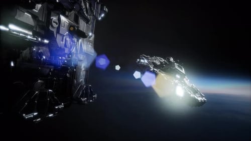 Futuristic Spaceships Flying Past a Large Orbital Station