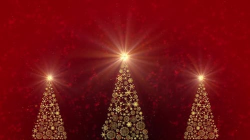 Golden Christmas Trees with Falling Snowflakes and Starbursts Background