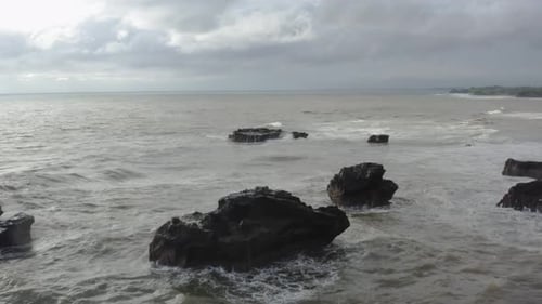 Aerial View. Aerial Drone Footage of Ocean Waves Crashing on Shore. Flying the Ocean. Giant Waves