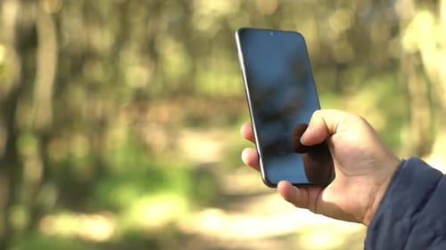 Nahaufnahme einer Hand mit einem Smartphone im Wald