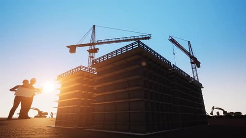 Modern Construction Site Animation with Cranes Building New High-Rise