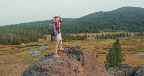 Woman Tourist on the Rock Enjoying Cinematic Forest View and Scenic Landscapes