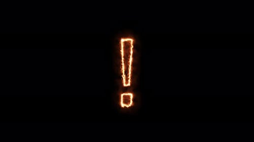 Ponto de exclamação animado em chamas. Animação em um fundo preto: letras queimando em uma chama