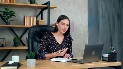 Smart woman in home office study online video conference call with teacher, distance education.