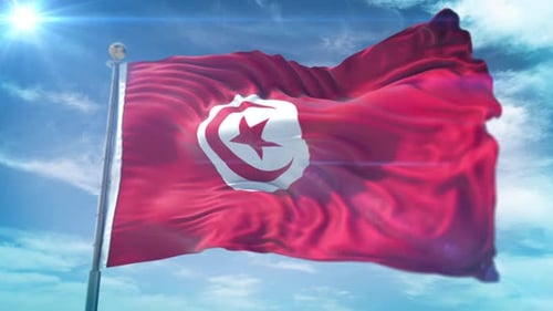 Seamless Loop of Tunisia Flag Waving in Realistic Blue Sky