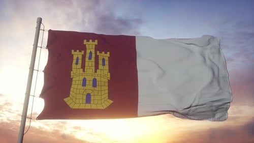 Castile-La Mancha Flag Waving Against a Beautiful Sunset Sky