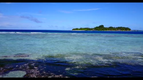 Aerial drone scenery of beautiful lagoon beach journey by aqua blue ocean and white sand background