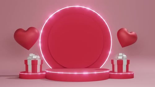 3D Neon Podium Stage with Hearts and Gifts to Reveal Content
