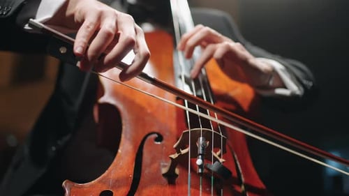 Cellist is Playing Cello on Scene of Music Hall Closeup View Rehearsal or Concert of Symphonic