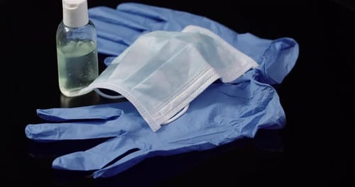 Medical Supplies Still Life: Gloves, Mask, Sanitizer