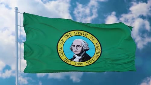 Washington State Flag Waving Seamlessly Against Blue Sky