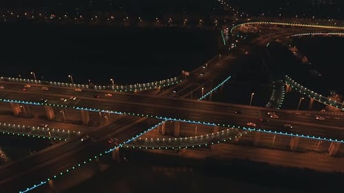Aerial Top View of Highway Interchange at Night