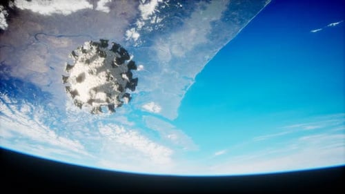 Realistic 3D Virus Particle Floating Over Planet Earth in Space