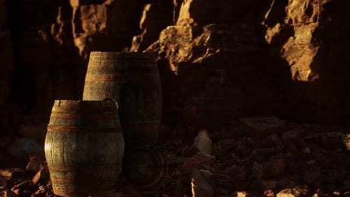 Anciens tonneaux de vin vintage en bois près d'un mur de pierre dans