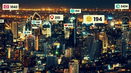 Social Media Icons Fly Over City Downtown Showing People Engagement Connection