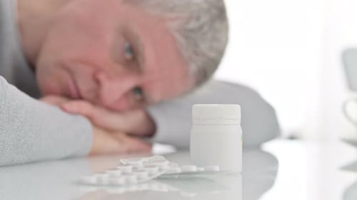 Adult Resting Head near Pills at Home