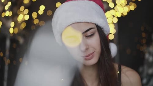 Smiling Woman Wearing a Santa Hat in Festive Setting