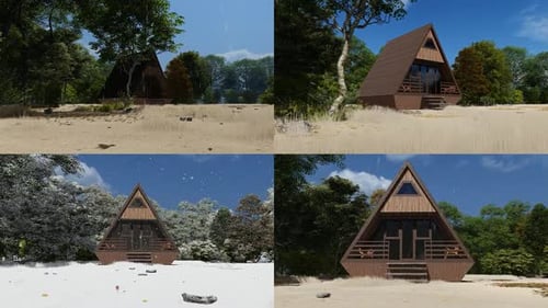 Modern Triangular Log Cabin House Animation in Changing Seasons