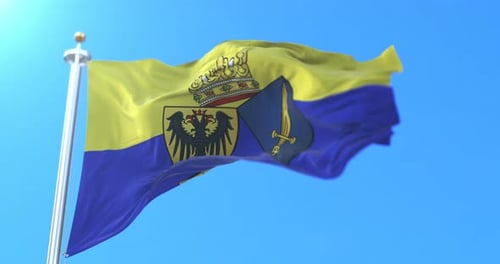 Waving Yellow and Blue Flag with Crown and Eagle Emblem