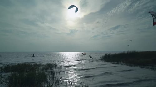 Kitesurfers Gliding Across the Water on a Sunny Day
