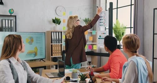 Une équipe féminine regarde comment leur collègue écrit des notes sur un tableau de verre lors d'une réunion conjointe