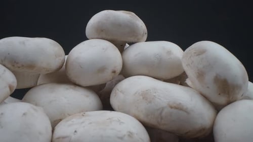 Pile of Fresh White Mushrooms on Wooden Table