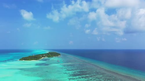 Natural flying abstract view of a white sand paradise beach and aqua turquoise water background in c